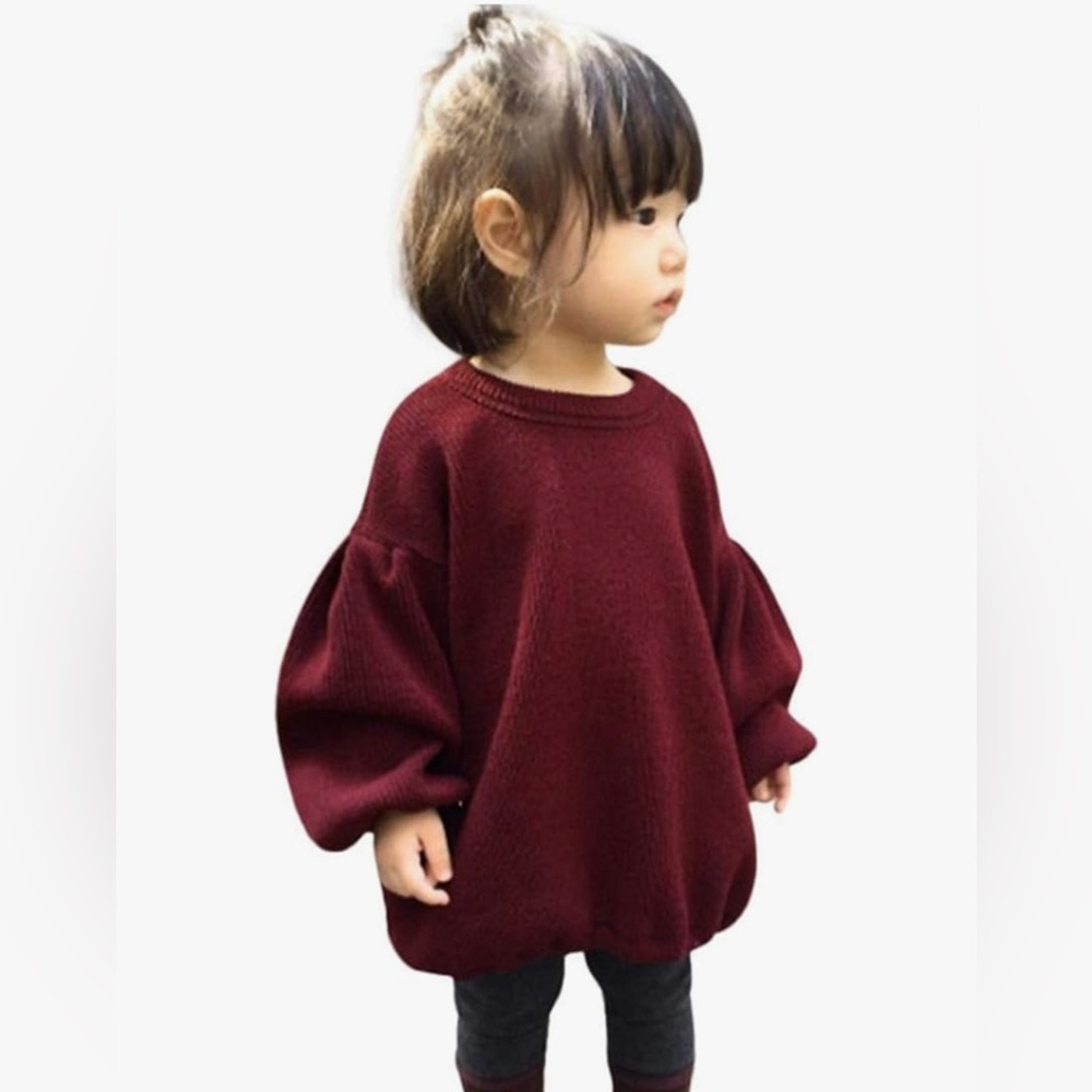 Burgundy Ribbed Oversized Sweater with Puff Sleeves Toddler girls 12 Months